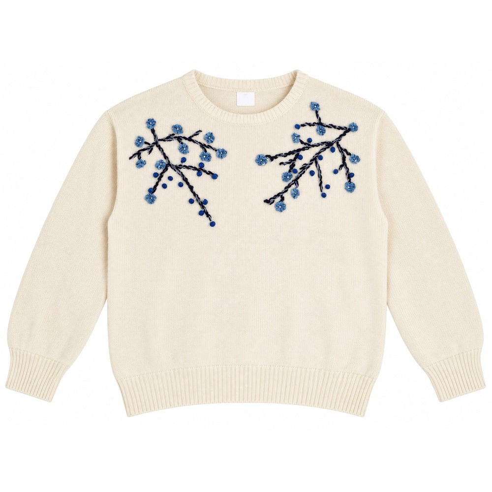 Vintage Cream Knit Sweater Blue Floral Ribbon Embroidery Cottagecore Crewneck